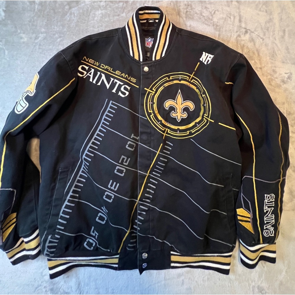 NFL New Orleans Saints Varsity Jacket Mens XL Black Cotton Twill Snap Bomber